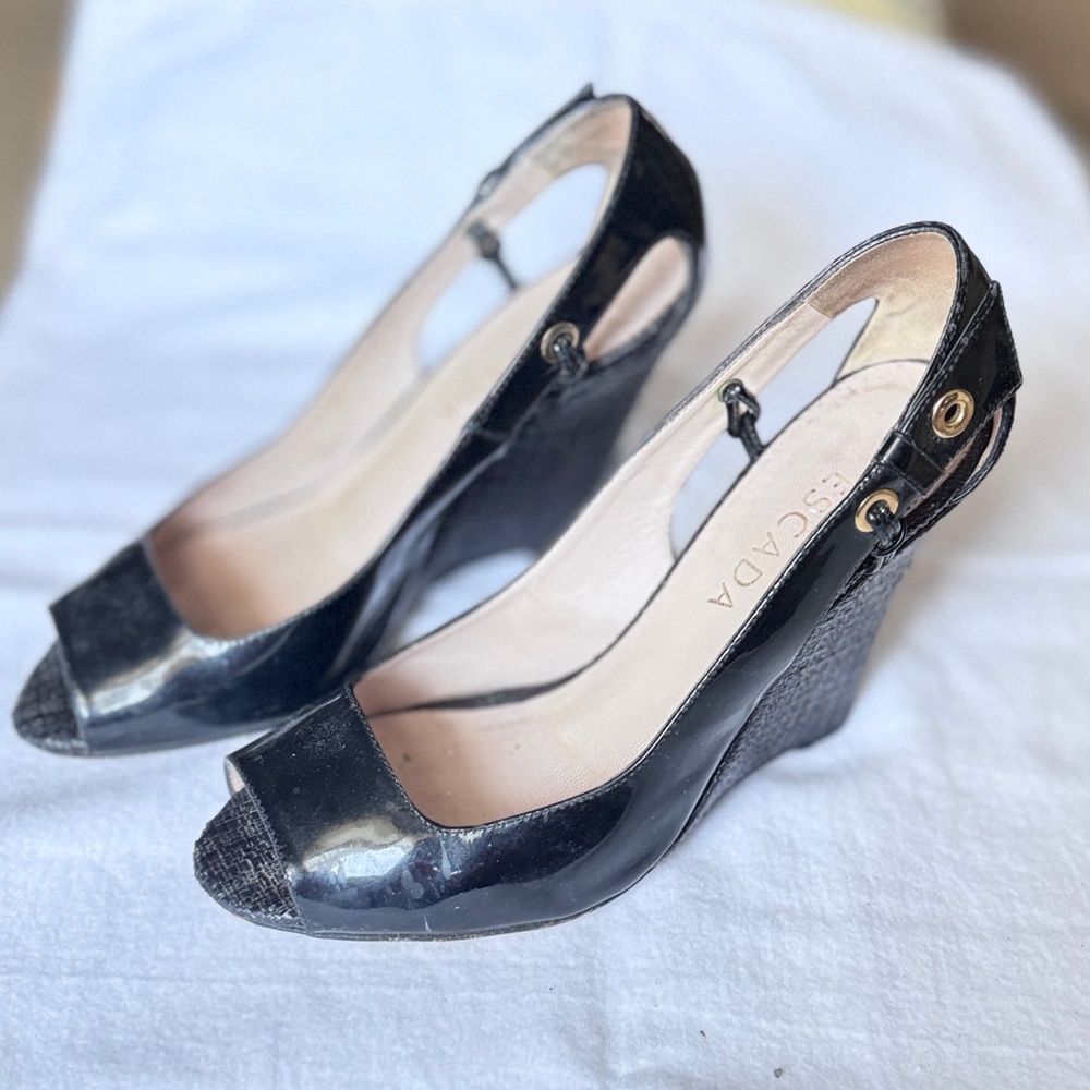 Escada Black Wedge Slingback Heels